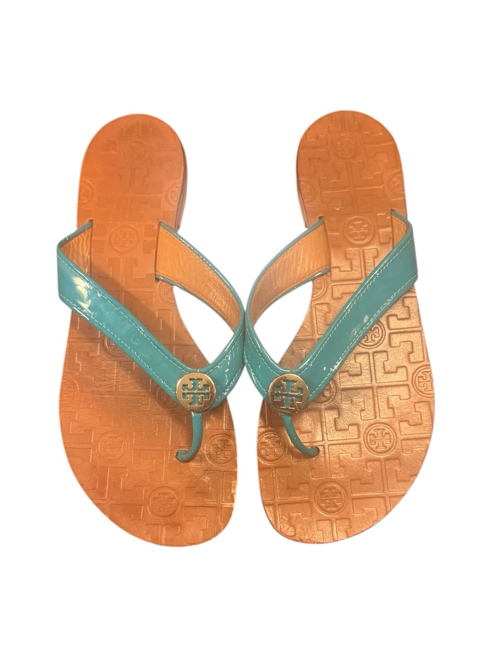Tory Burch Thora Women Patent Leather Turquoise Sandals Flip Flops Size 10